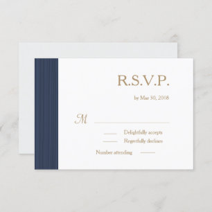 Dark blue gold white subtle stripes wedding RSVP Invitation