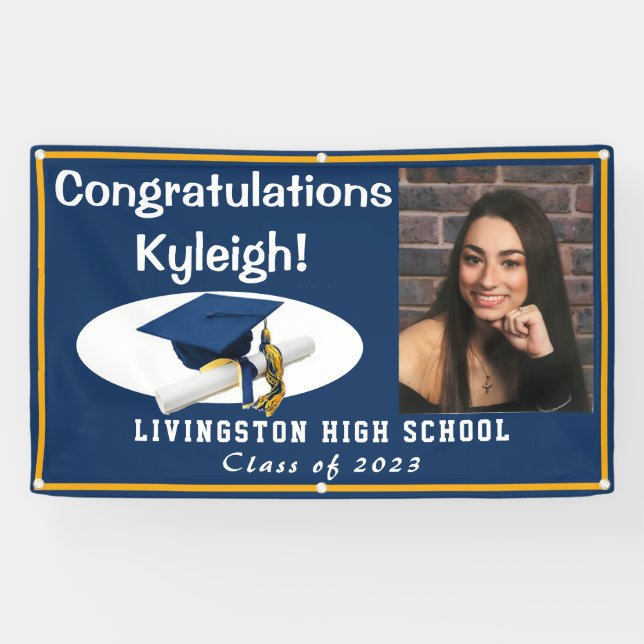 Dark Blue, Gold & White Vinyl Graduation Photo Banner (Horizontal)
