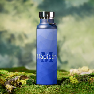 Dark blue Gradient Geometric Mesh Pattern Monogram Water Bottle