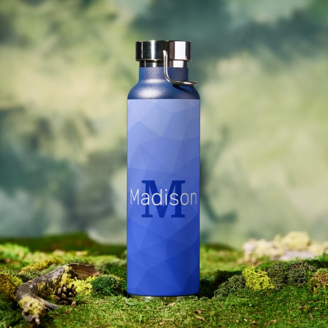 Dark blue Gradient Geometric Mesh Pattern Monogram Water Bottle (Outdoor)
