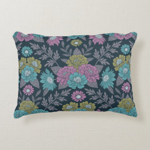 Dark Blue, Green & Purple Floral Accent Pillow