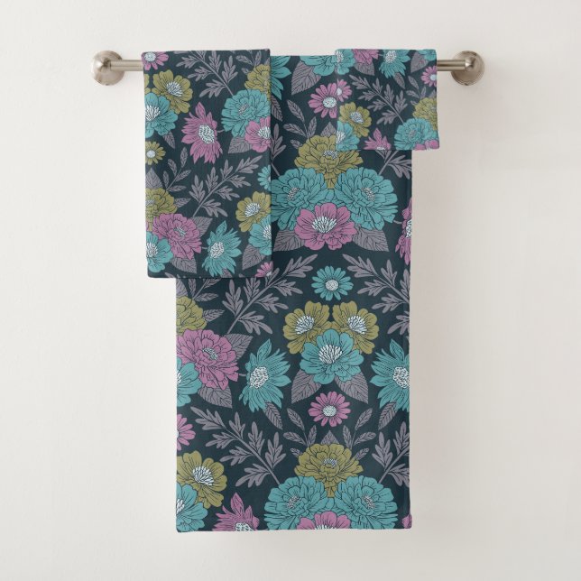 Dark Blue, Green & Purple Floral Bath Towel Set (Insitu)