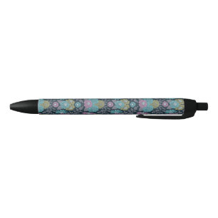 Dark Blue, Green & Purple Floral Black Ink Pen