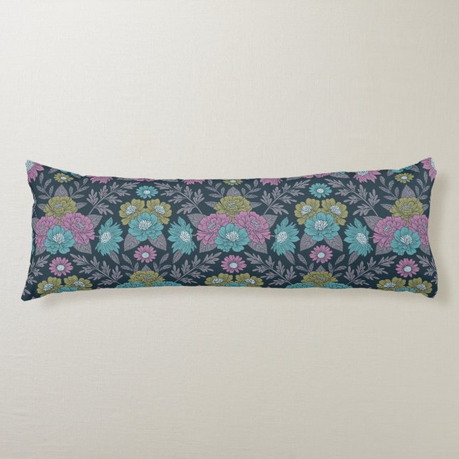 Dark Blue, Green & Purple Floral Body Pillow (Front)