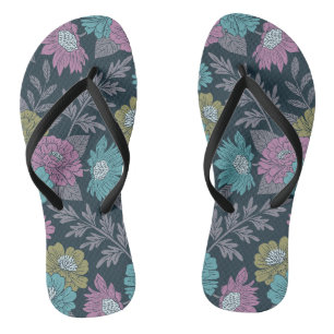 Dark Blue, Green & Purple Floral Flip Flops