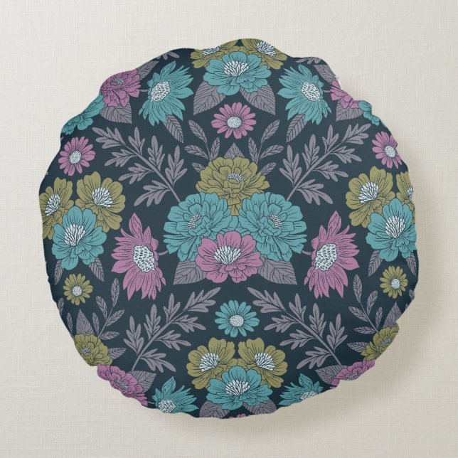 Dark Blue, Green & Purple Floral Round Pillow (Back)