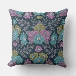 Dark Blue, Green & Purple Floral Throw Pillow