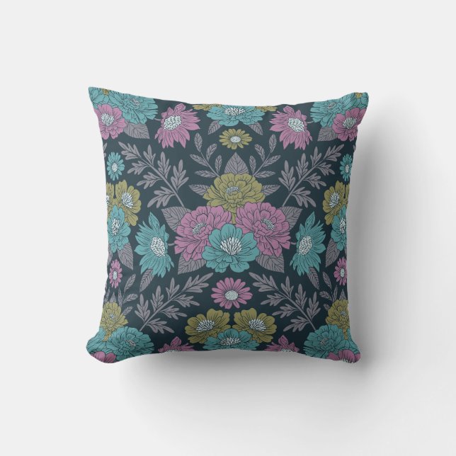 Dark Blue, Green & Purple Floral Throw Pillow (Front)
