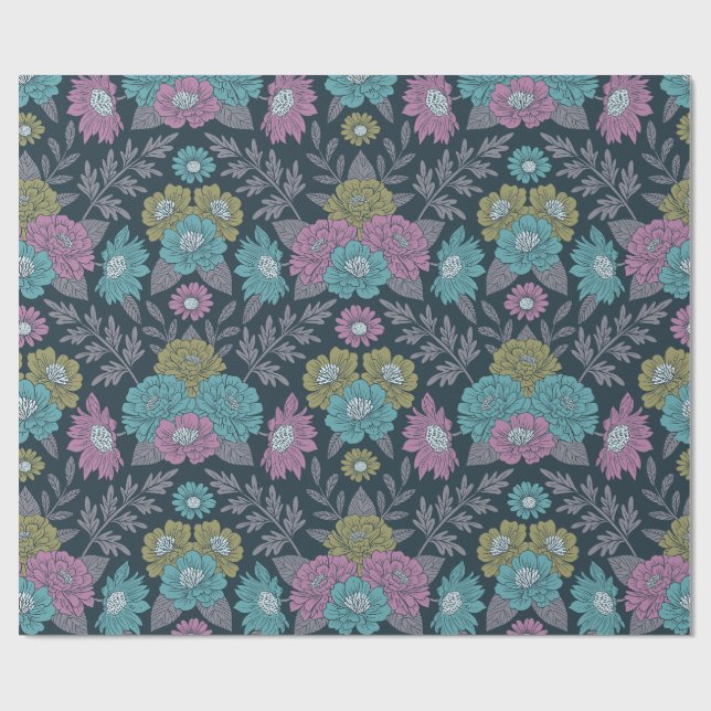 Dark Blue, Green & Purple Floral Wrapping Paper (Flat)