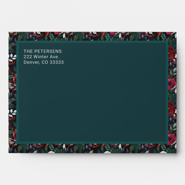 Dark Blue Green Winter Peonies Pattern Christmas Envelope (Front)