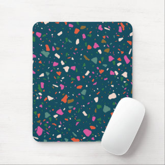 Dark Blue Green with Pink Orange Teal Terrazzo Mouse Pad