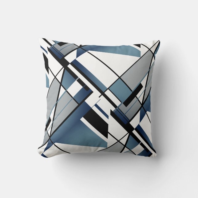 Dark Blue Grey Black White Abstract Angular Design Throw Pillow (Front)
