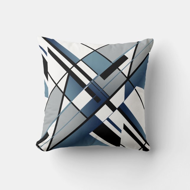 Dark Blue Grey Black White Diagonal Angular Design Throw Pillow (Front)