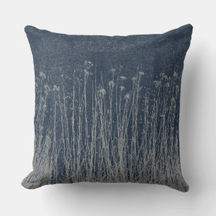 Dark Blue Grey Botanical Graphic Burlap Print Outdoor Pillow