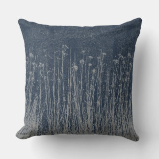 Dark Blue Grey Botanical Graphic Burlap Print Outdoor Pillow