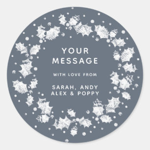 Dark Blue Grey Custom Christmas Holly Wreath Classic Round Sticker