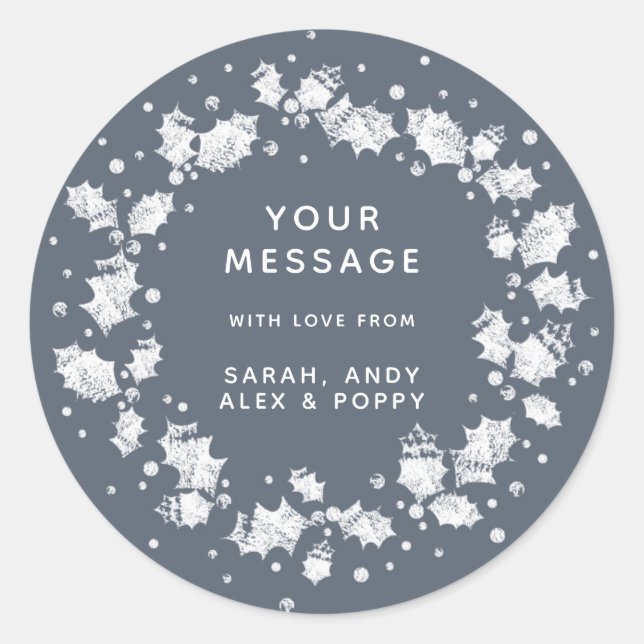 Dark Blue Grey Custom Christmas Holly Wreath Classic Round Sticker (Front)