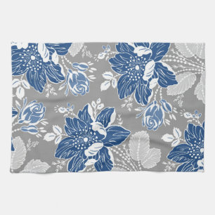 Dark Blue Grey Floral Kitchen Cloth Towel