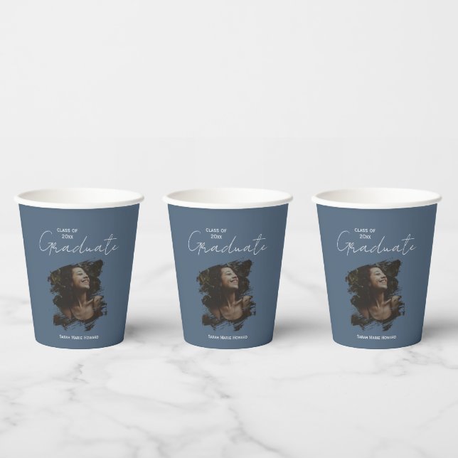 Dark Blue Grey Graduation Customizable Photo Text Paper Cups (Multi)