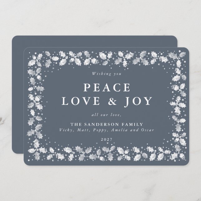 Dark Blue Grey Holly + Berries Flat Non Photo Holiday Card (Front/Back)