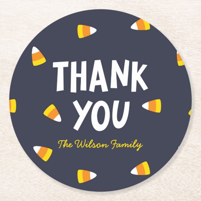 Dark Blue Halloween Candy Corn Thank You Round Paper Coaster (Front)