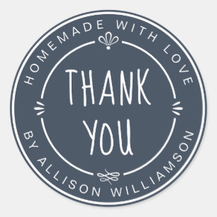 Dark Blue Homemade Thank You Classic Round Sticker