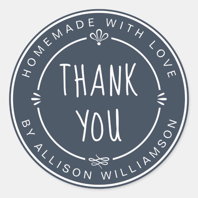 Dark Blue Homemade Thank You Classic Round Sticker (Front)