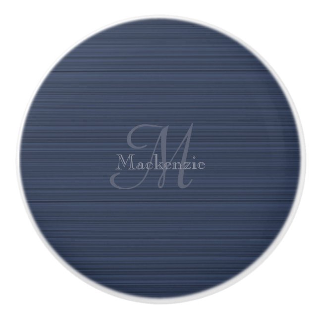 Dark Blue Horizontal Stripes Custom Monogram Name Ceramic Knob (Front)
