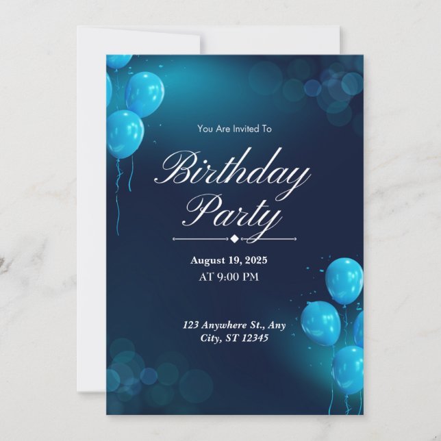 Dark Blue Illustrative Birthday Party Invitation (Front)