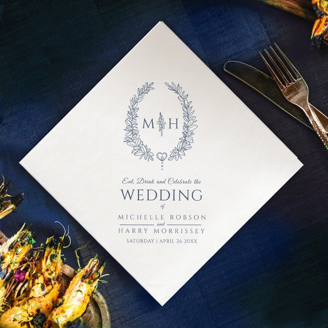Dark blue leaf oval wreath monogram art wedding napkin (Creator Uploaded)