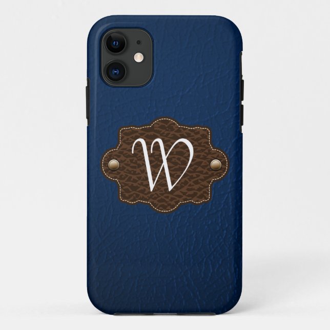 Dark Blue Leather Look monogrammed iPhone 5 Case-Mate iPhone Case (Back)