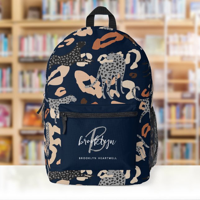 Dark Blue Leopard Print Monogram Name Printed Backpack (Creator Uploaded)