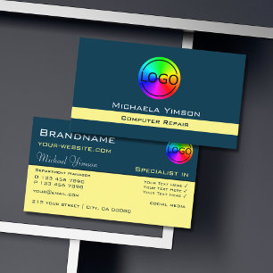 Dark Blue Light Yellow Chic with Logo Professional Business Card
