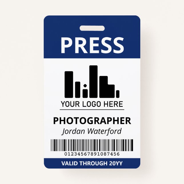 Dark Blue Logo Bar Code Press ID Badge (Front)