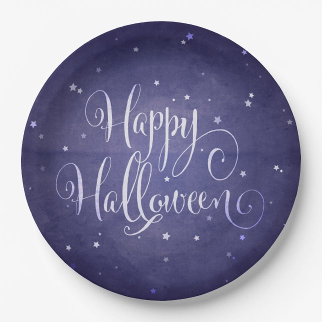 Dark Blue Magical Stars Happy Halloween Party Paper Plate (Front)