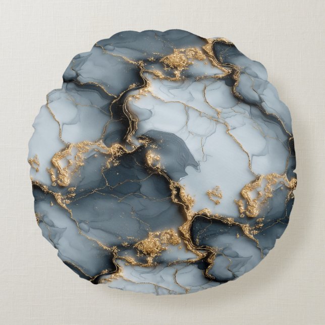 Dark Blue Marble Texture with Liquid Gold Veins Round Pillow (Front)