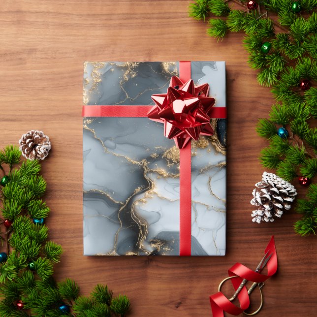Dark Blue Marble Texture with Liquid Gold Veins Wrapping Paper (Holiday Gift)