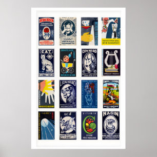 Dark Blue Matchbox Label Collage, Vintage Ephemera Poster