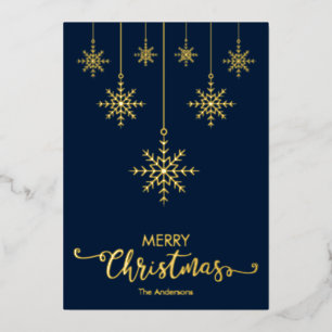 Dark Blue Merry Christmas Snowflakes Gold Foil Holiday Card
