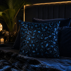 Dark Blue Metallic Leopard Print Animal Pattern Throw Pillow