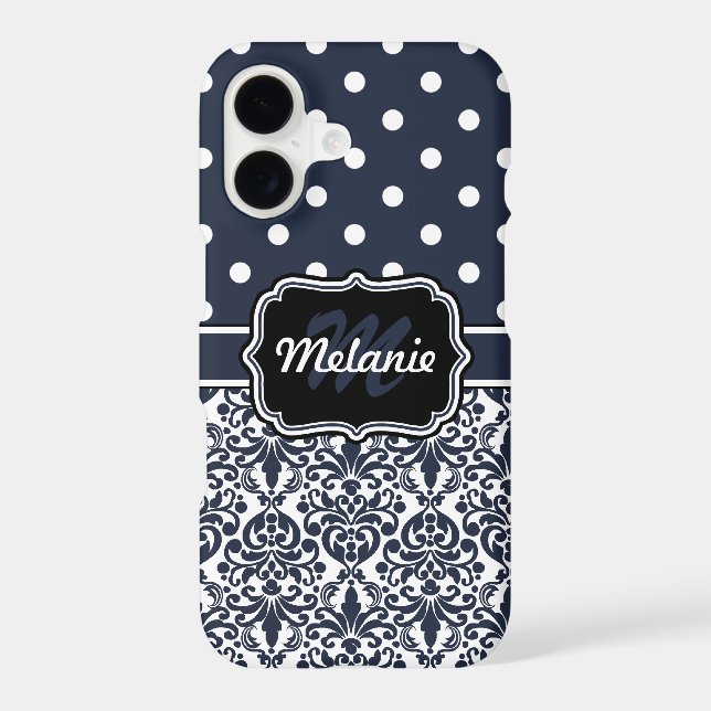 Dark Blue Monogrammed Damask Polka Dots Pattern (Back)