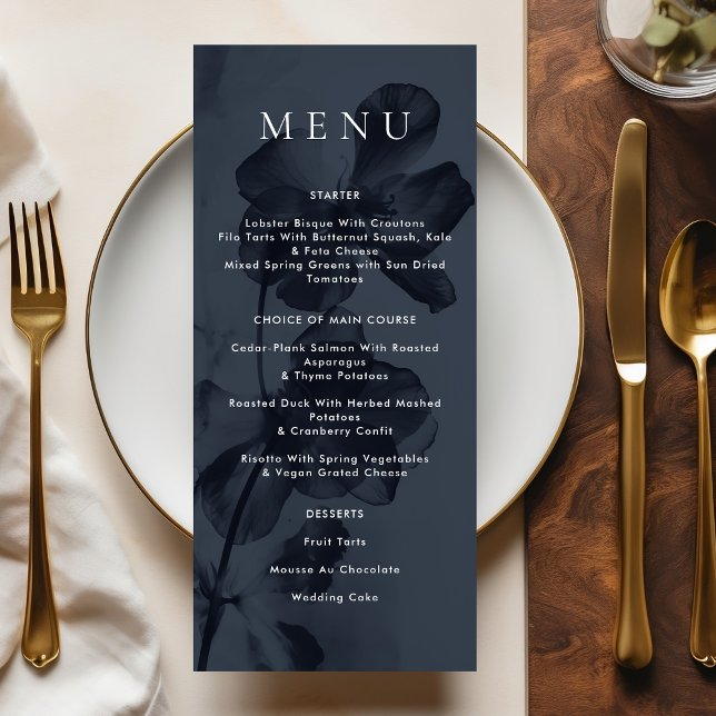 Dark Blue Moody Botanical Overlay Wedding Menu (Creator Uploaded)