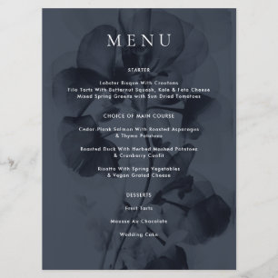 Dark Blue Moody Botanical Overlay Wedding Menu