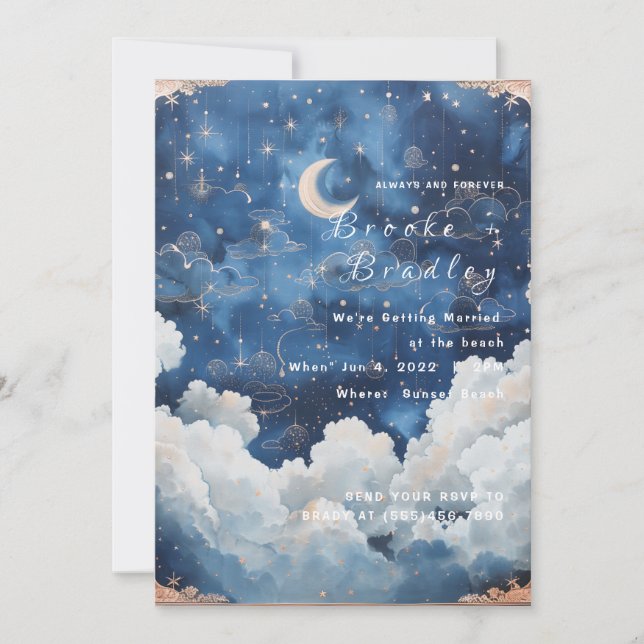 Dark Blue Moon & Cloud Celestial Wedding Invitation (Front)