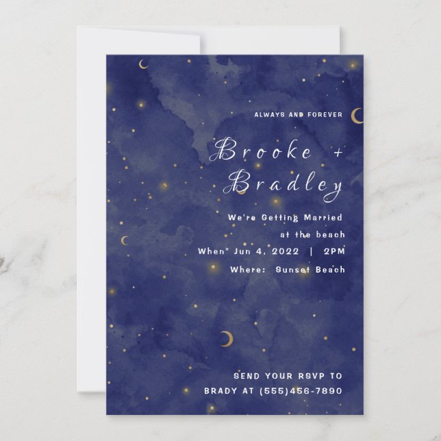 Dark Blue Moon & Stars Celestial Wedding Invitation (Front)