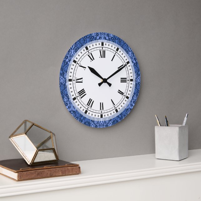 Dark Blue Moroccan Casbah Damask Large Clock (Office)