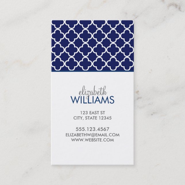 Dark Blue Morrocan Quatrefoil Pattern Business Card (Front)