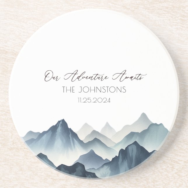Dark Blue Mountain Landscape Watercolor Wedding Coaster (Front)