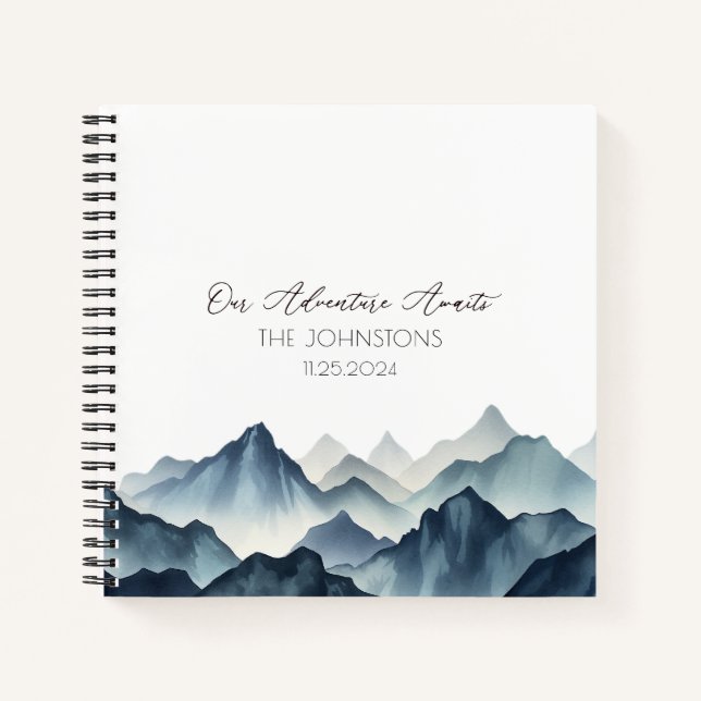 Dark Blue Mountain Watercolor Wedding Guest  Notebook (Front)