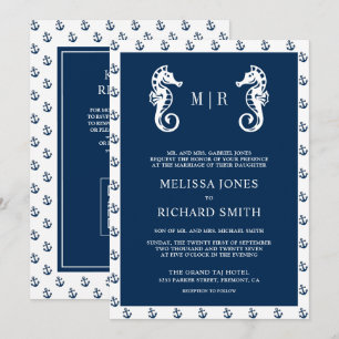 Dark Blue Nautical Anchor Seahorse QR Code Wedding Invitation